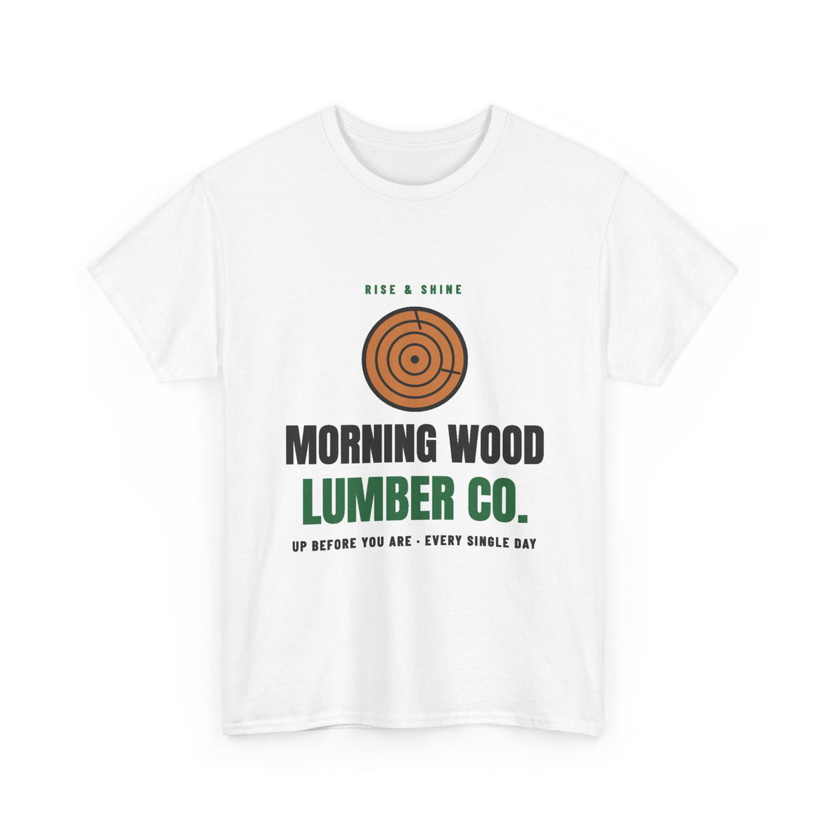 Morning Wood Lumber Co. funny t-shirt with a wood log graphic